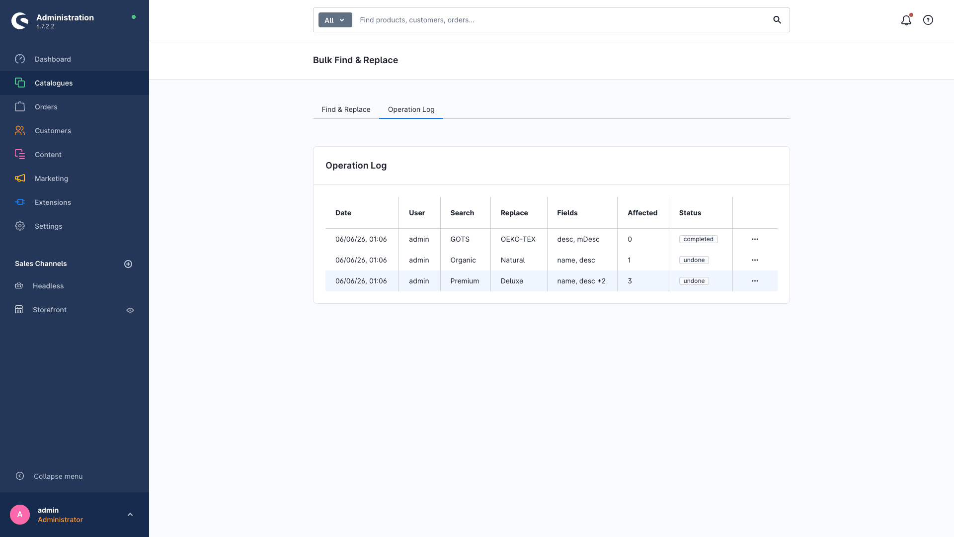 Operation Log listing past runs and their undo status.