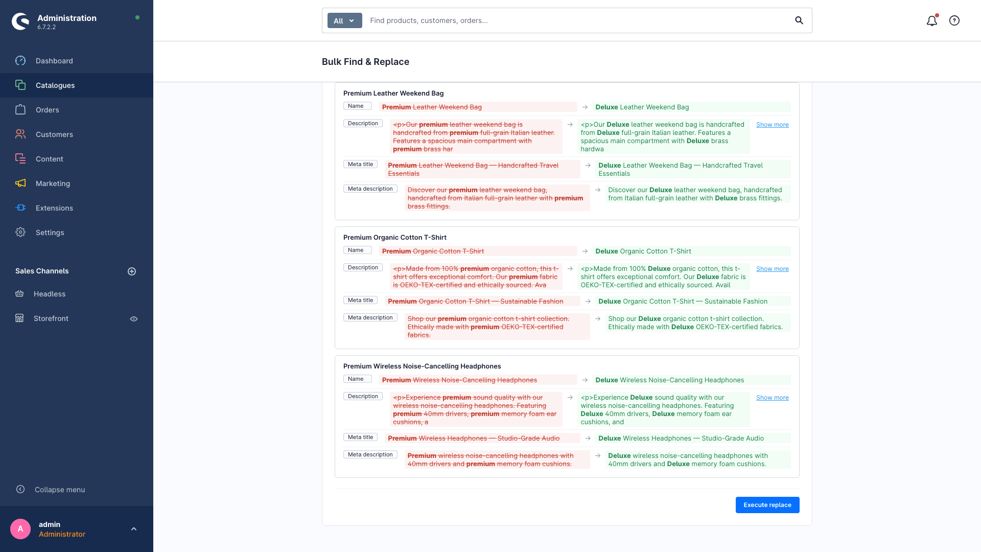 Preview diff in the Shopware admin: “Premium” removed in red and “Deluxe” added in green, across name, description and meta fields of several products.