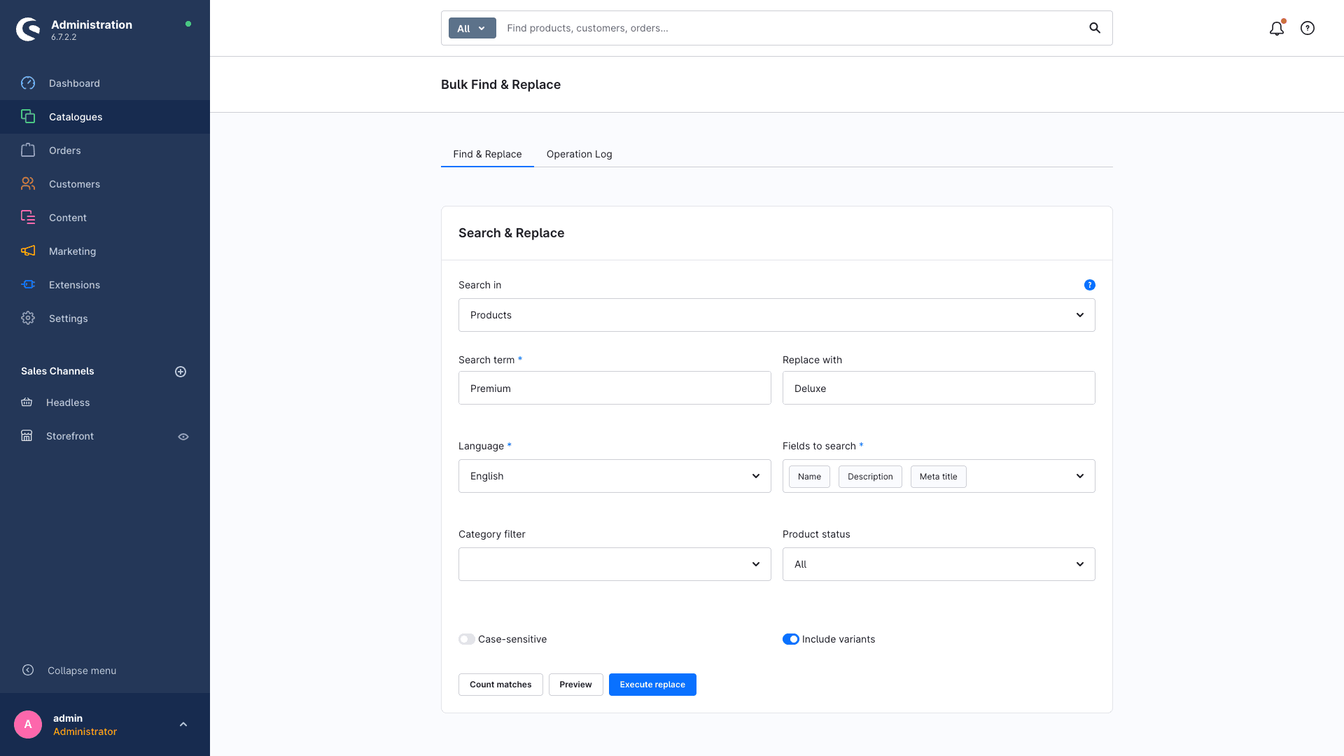 Bulk Find & Replace input form with search term, replacement, field selection and filters.